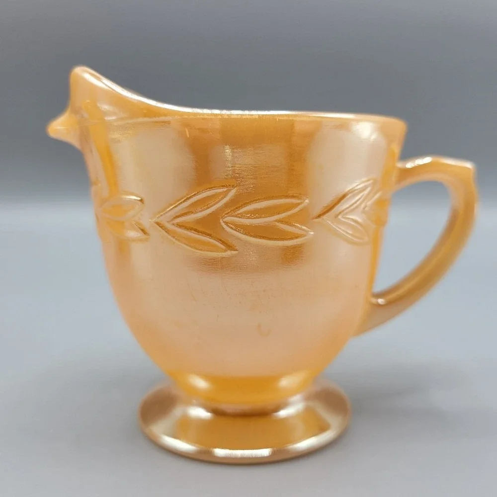 Vintage Orange Lustre Fire King Creamer & Sugar Set Laurel Leaf Glass Oven Ware